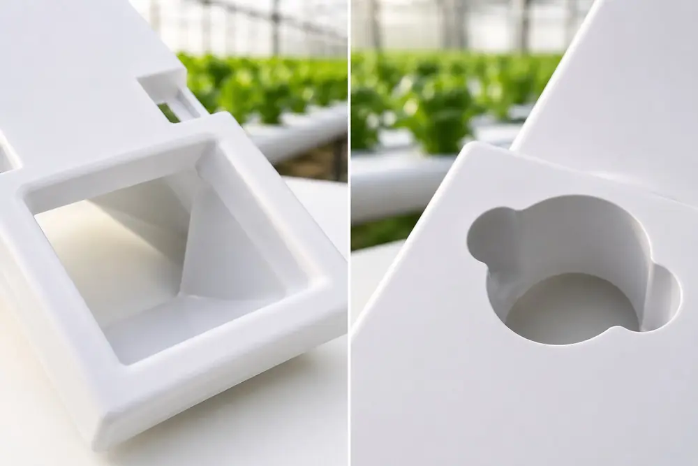 Close-up of injection molded white hydroponic component developed by Moldrite for outdoor agricultural use