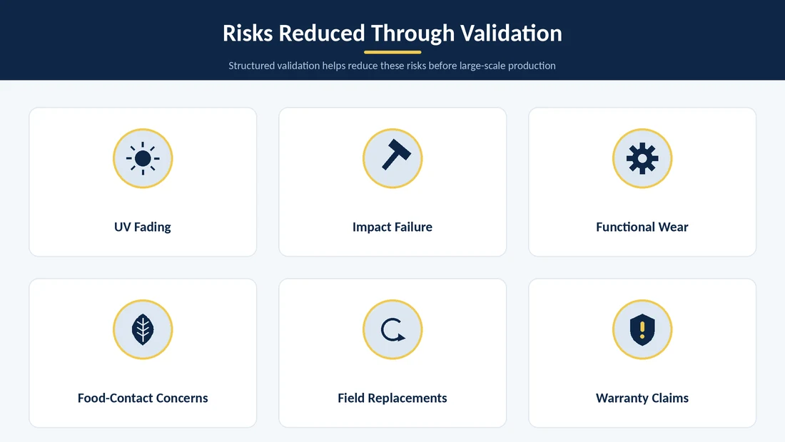 Infographic showing risks reduced through validation: UV fading, impact failure, functional wear, food-contact concerns, field replacements, and warranty claims