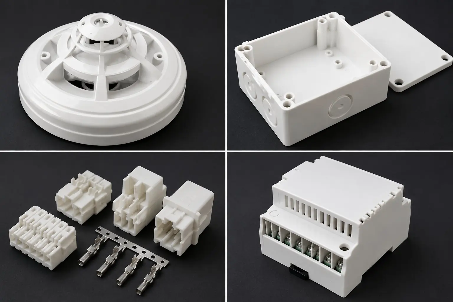 Injection molded electrical components manufactured by Moldrite India — smoke detector enclosure, junction box, connector housings and DIN-rail enclosure