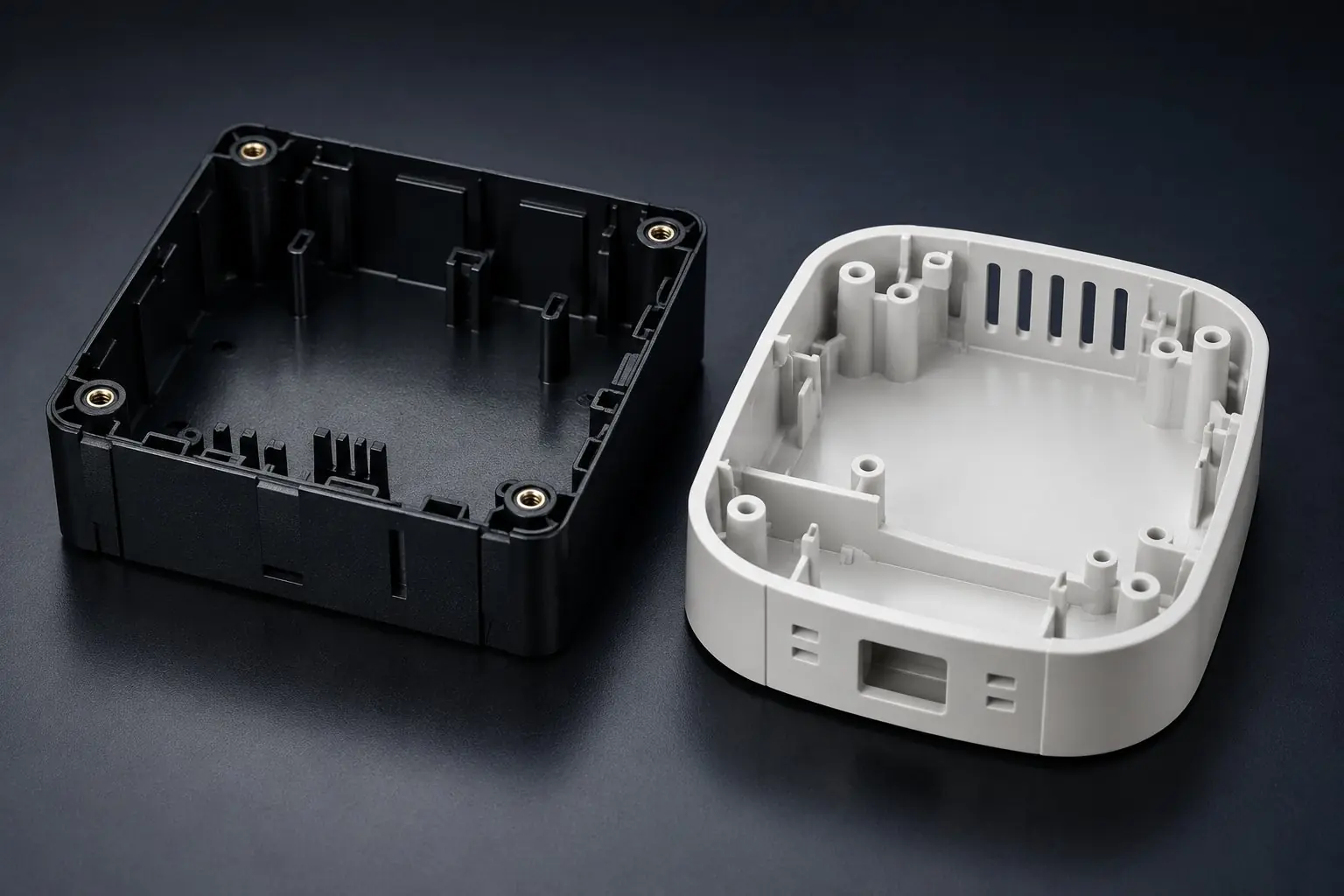 Injection molded electrical enclosure halves in engineering polymer, with mounting bosses, ribs and brass inserts — Moldrite India