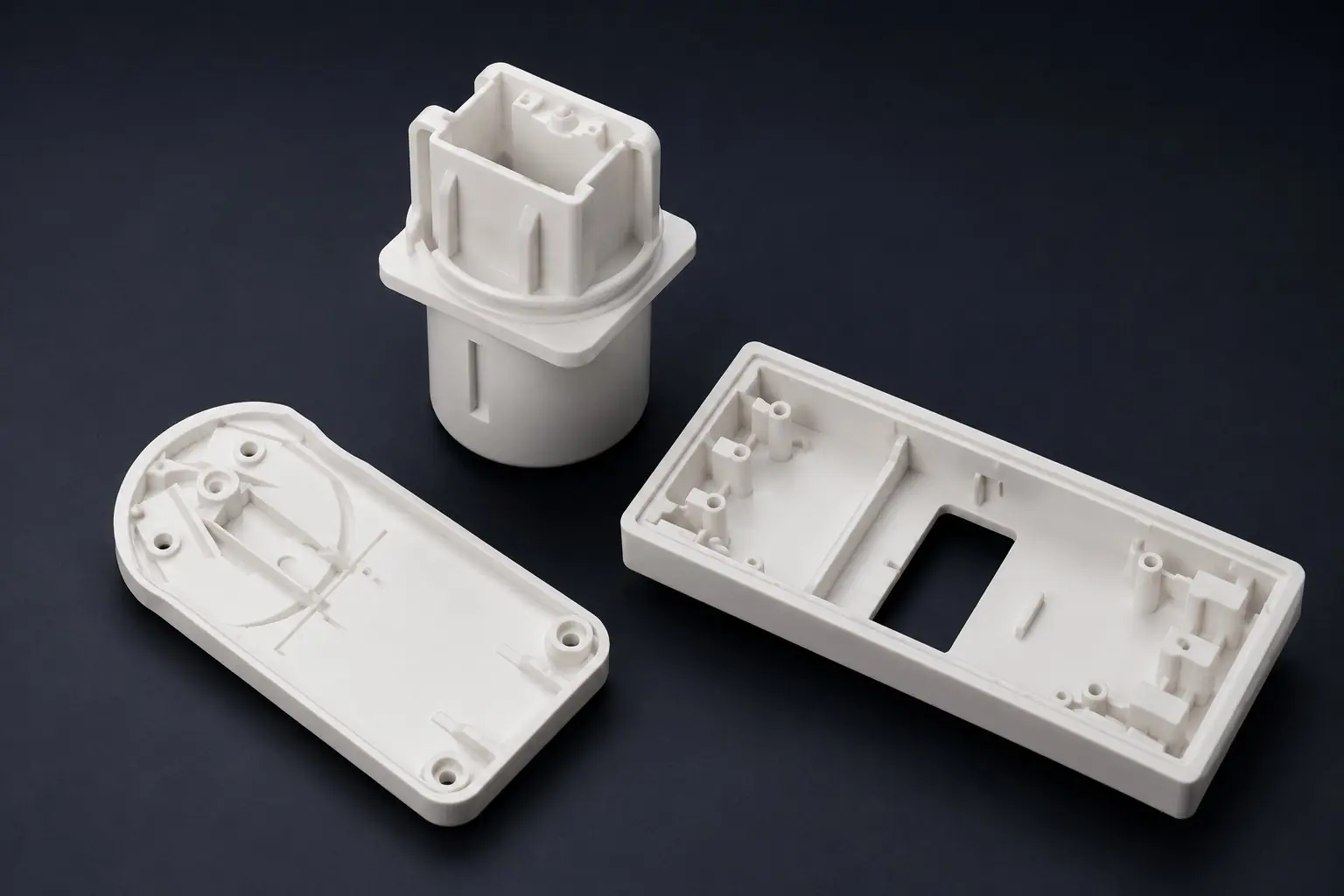 Precision injection molded engineering polymer components — connector body and housing halves with internal bosses and ribs, Moldrite India