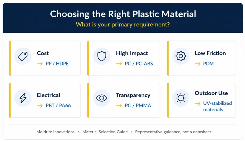 Material selection guide infographic: choosing a plastic material by primary requirement — cost (PP/HDPE), high impact (PC/PC-ABS), low friction (POM), electrical (PBT/PA66), transparency (PC/PMMA), outdoor use (UV-stabilized materials)