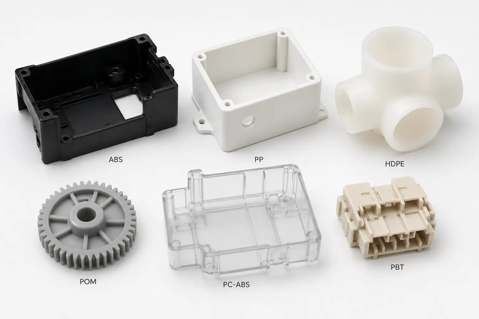 Representative injection molded plastic components in various commodity and engineering materials including PP, ABS, PC-ABS, POM, PBT and PA6/PA66